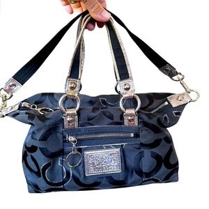 COACH 2010 POPPY OPT ART SATEEN LUREX‎ SATCHEL BAG BLACK/SILVER #15863